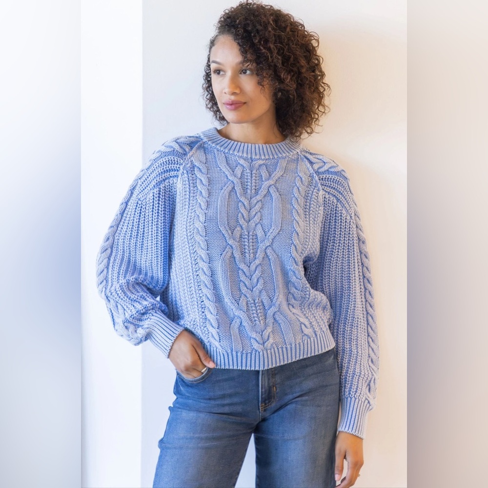 Free People Sky Blue Cable Knit Crewneck Sweater
